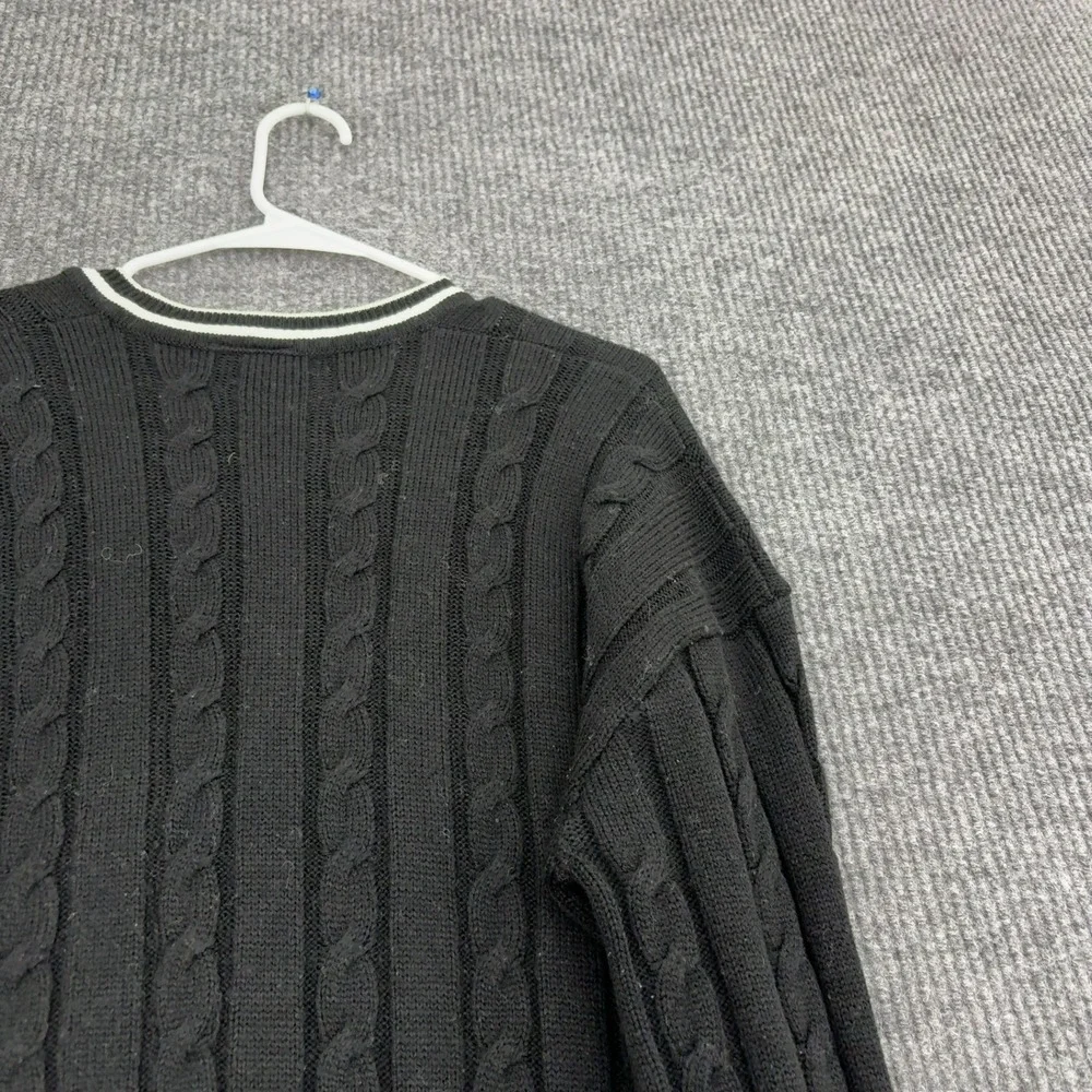 Vintage Polo Ralph Lauren Sweater Mens Black Cotton Cable Knit V-Neck Preppy